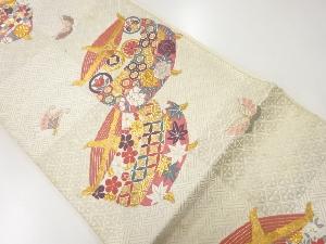 アンティーク　糸巻きに花・古典柄模様織出し袋帯（材料）